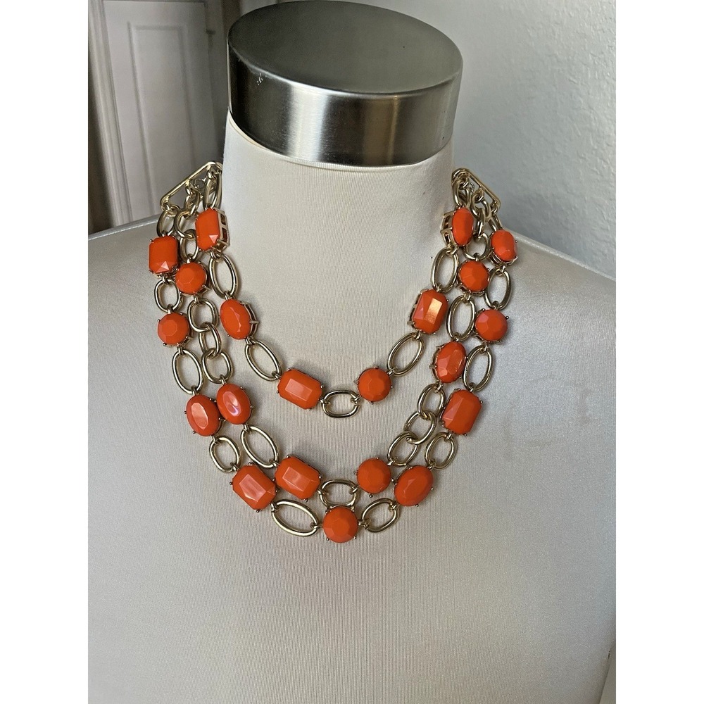 Fashion Triple Strand Orange and Gold Necklace 9-11"ā